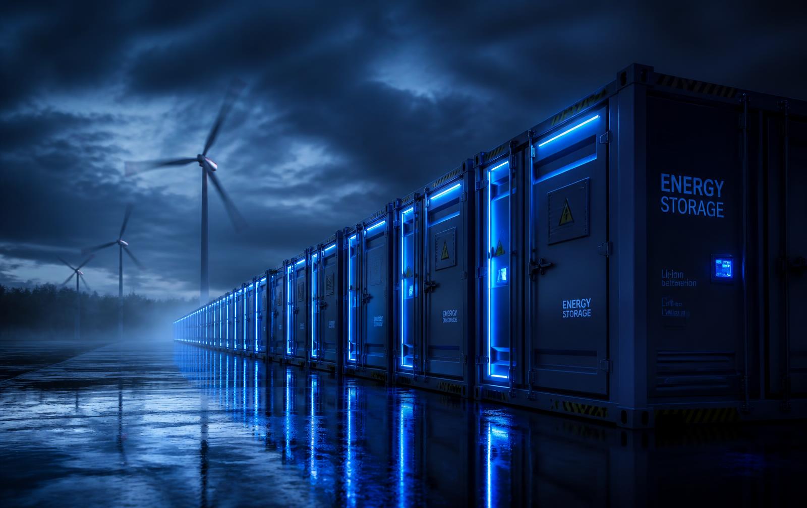 Grid-scale battery storage containers at dusk