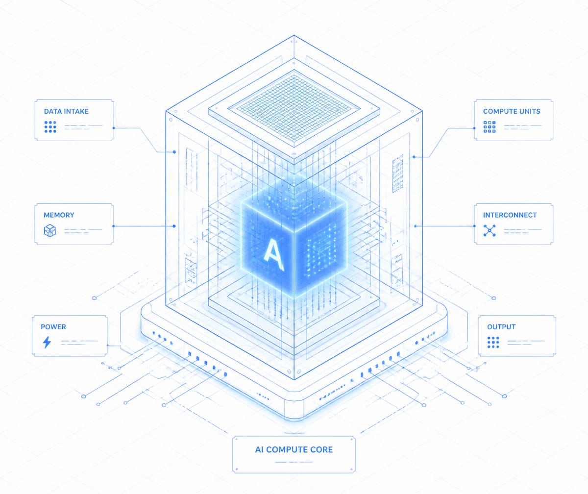 Isometric wireframe diagram of an AI compute core